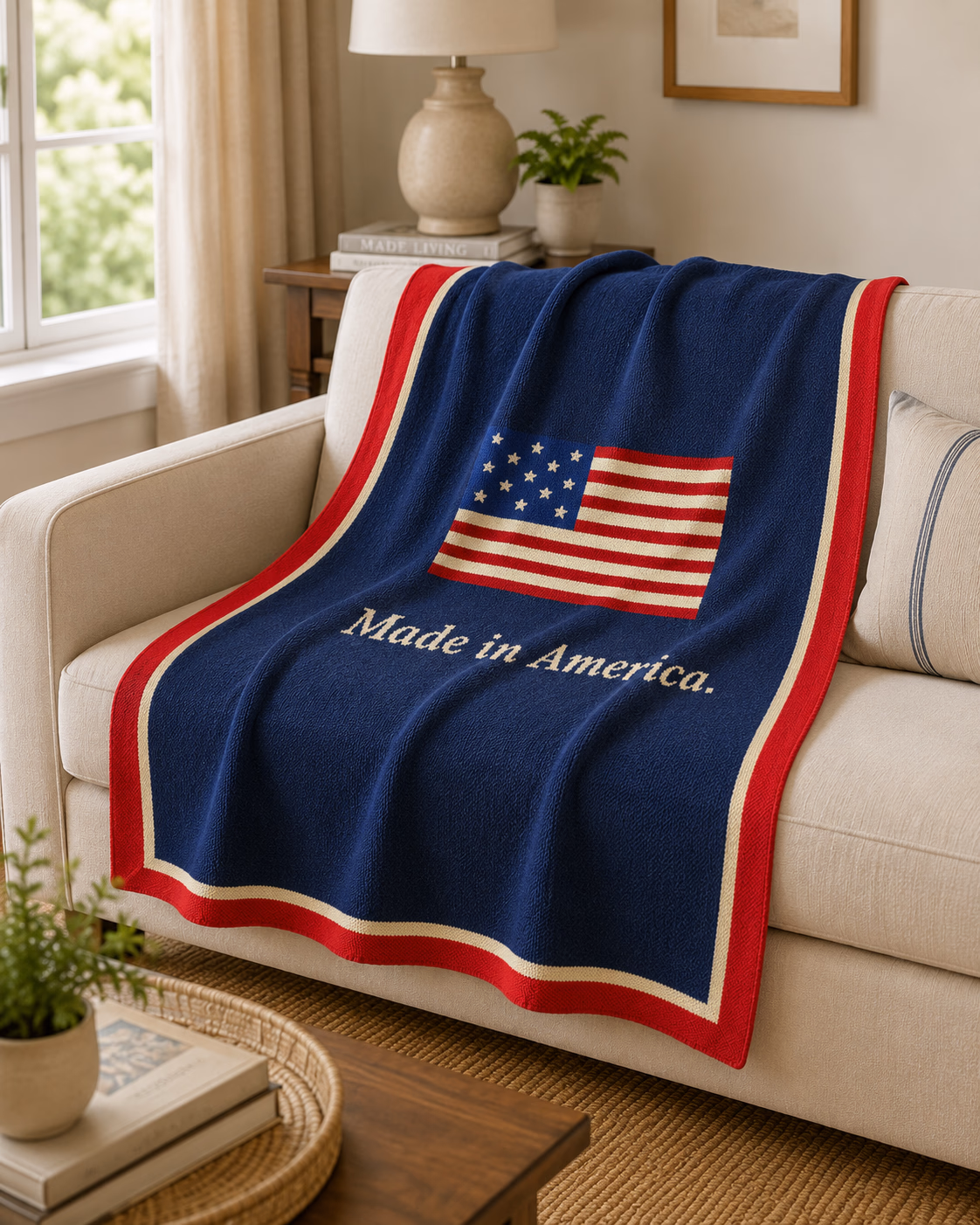 The Made in America Throw draped over a sofa in a sunlit living room